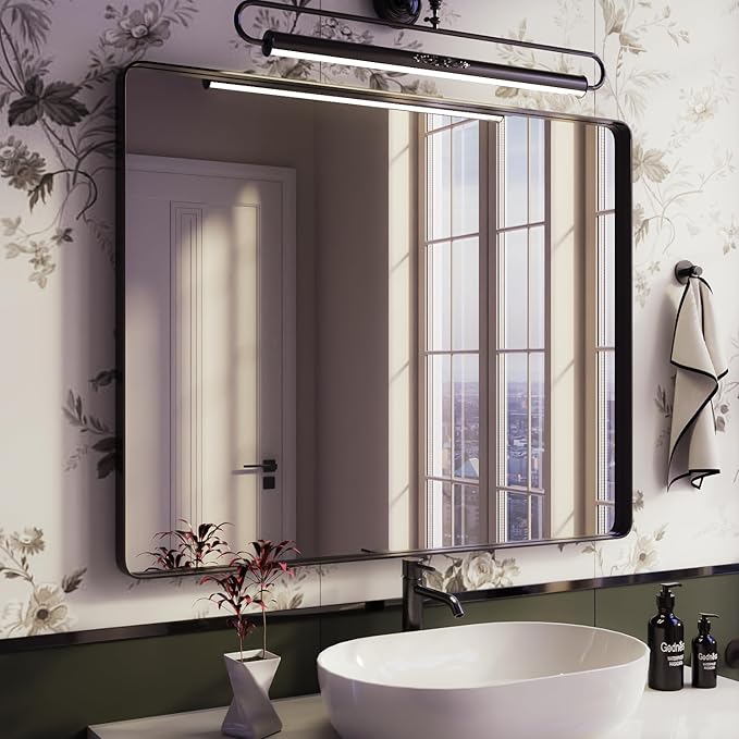 Black Bathroom Mirror for Wall, 40x32 Inch Matte Black Framed Bathroom Vanity Mirror for Farmhouse Living Room Bedroom, Anti-Rust, Tempered Glass, Rounded Corner Horizontal/Vertical
