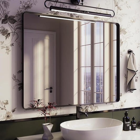 Black Bathroom Mirror for Wall, 40x32 Inch Matte Black Framed Bathroom Vanity Mirror for Farmhouse Living Room Bedroom, Anti-Rust, Tempered Glass, Rounded Corner Horizontal/Vertical