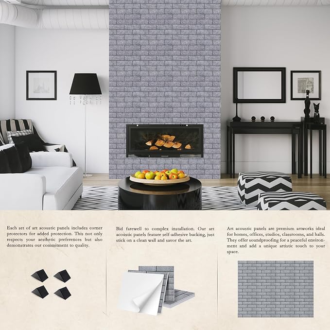 12Pack Acoustic Panels, Self-Adhesive 3D Brick Pattern Sound Proof Panels for Walls, Decorative Sound Dampening Wall Panels for Recording Studios, Offices, Home, 12"×12"×0.4", Grey