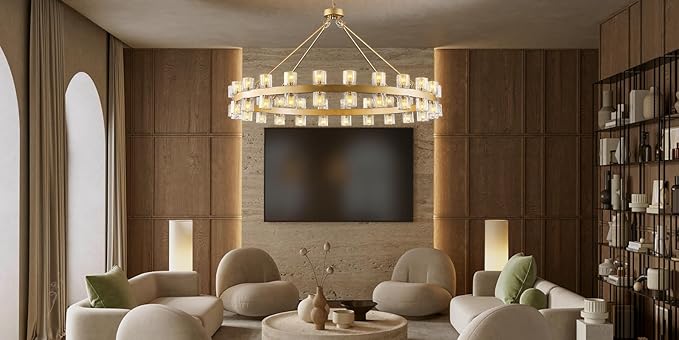 48 Inch Gold Wagon Wheel Chandelier with Crystal Shade, 48 Lights, Modern Farmhouse Style, Ideal for Dining Room, Kitchen, Entryways