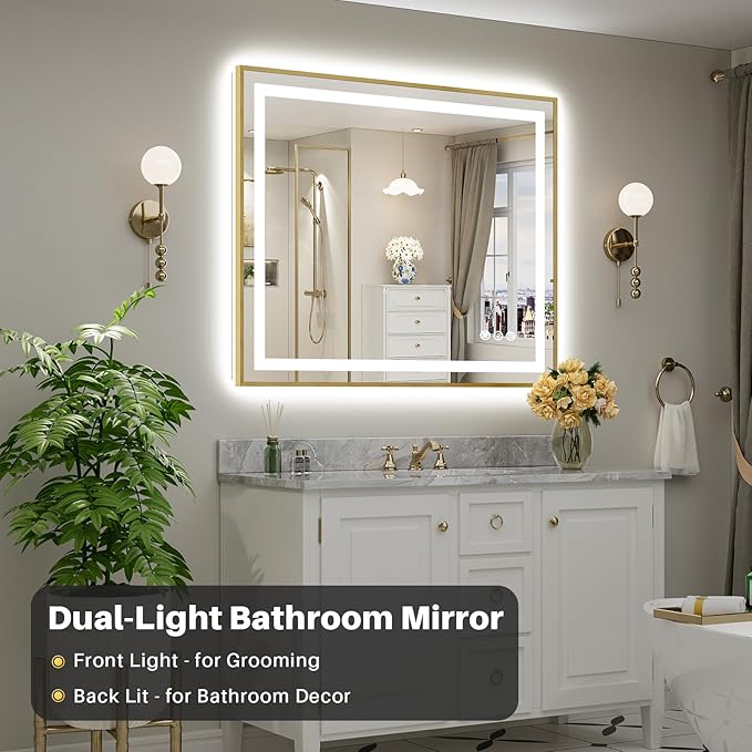 48x40 Inch LED Bathroom Mirror with Gold Frame, Backlit & Front Lit, Anti-Fog Lighted Bathroom Vanity Mirror for Wall, Memory Function, Dimmable, HD Tempered Glass, Shatter-Proof