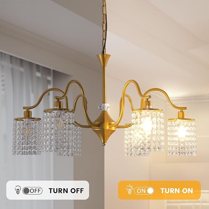30" Gold Chandelier, 6-Light Dining Room Light Fixture, Modern Kitchen Island Light Fixtures, Farmhouse Foyer Lighting Fixtures, Hanging Crystal Chandeliers for Living Room, Bedroom, Foyer, Entryway