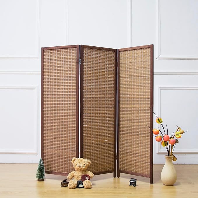 3 Panel Room Divider Short Folding Screen Divider,Double Sided Bamboo Divider Screen for Room Separation,Brown,47.2" H x 46.1" W