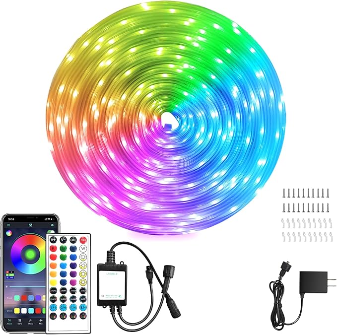 66ft Outdoor LED Strip Lights Waterproof,IP68 Waterproof LED Light Strips with Remote,App Control Music Sync RGB Outdoor LED Rope Lights,LED Lights for Bedroom,Roof,Pool,Deck,Balcony
