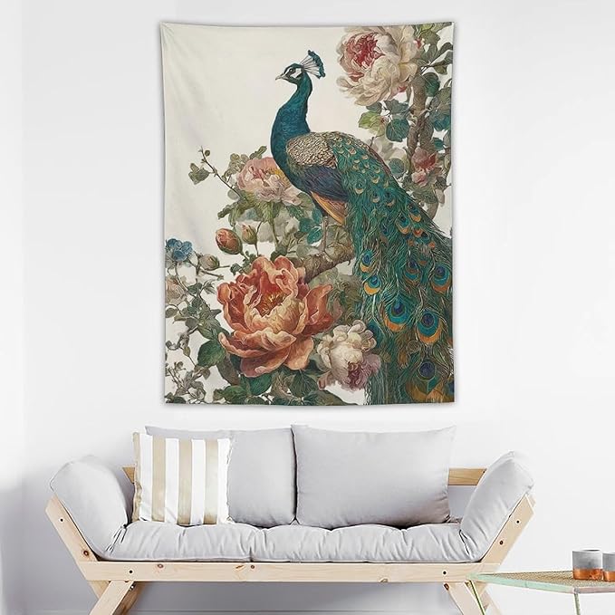 UUKXKUU Peacock Oriental Retro Blooming Flowers Tree Tapestry Flag Backdrop Wall Hanging Large Wall Art Decor for Dorm Office Bedroom Living Room 30"×40"