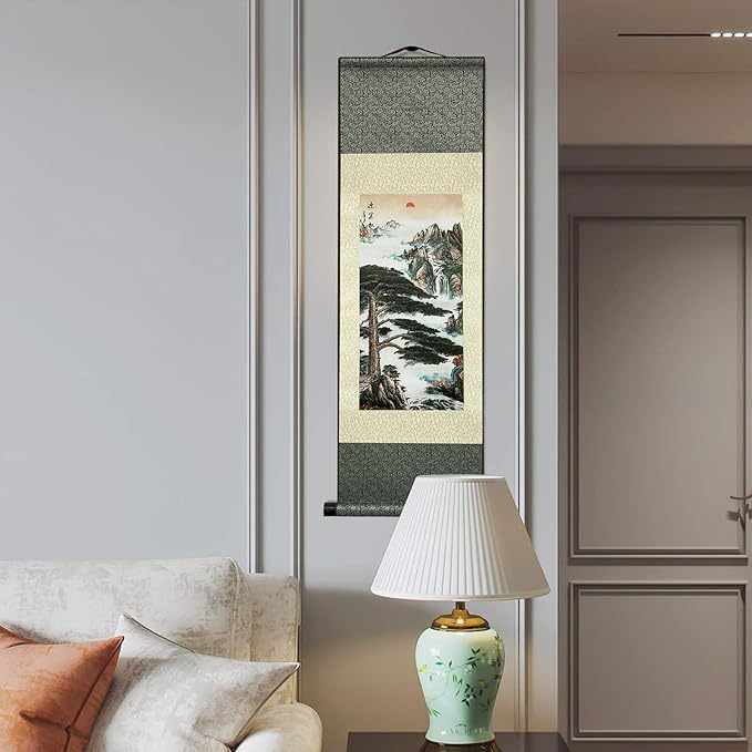 AtfArt Asian Wall Decor - Beautiful Silk Scroll Painting Pine Greeting Guests (Guest-Greeting Pine) Oriental Decor Chinese Art Wall Scroll (36.2 x 12 in)