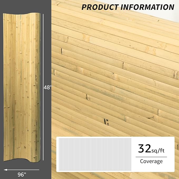 Art3d Natural Bamboo Wall Panel for Interior Wall Decor, Renewable Pole Wrap Wainscoting Paneling for Wall Ceiling Furniture Cabinet Office, 48 x 96 Inch - Natural