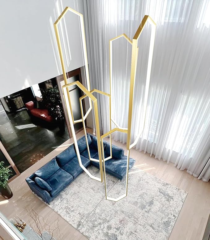 6-Rings Chandelier Modern, Gold Large Contemporary LED Light for Living Room Entrance, Dimmable Flush Mount High Ceiling Chandeliers with Remote Control for Villa Foyer