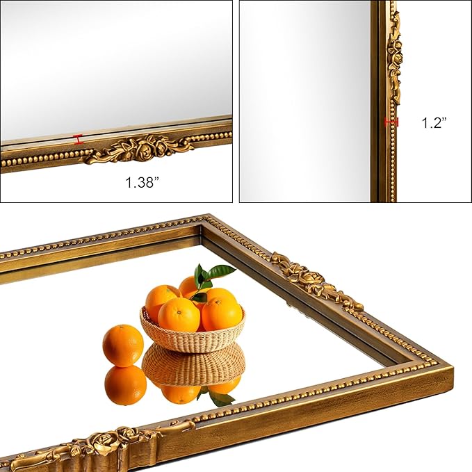 Antiqued Gold Wall Mirror with Beaded Frame – 24 * 36in Traditional & Flourish Baroque Ornate Rectangle Mirror for Over Fireplace/Entryway Vanity, Living Room or Event – Home Décor