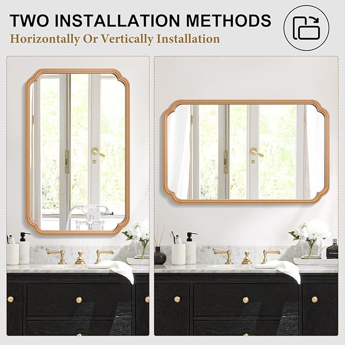 30"x48" Wood Bathroom Mirror for Wall, Large Wood Bathroom Vanity Mirror, Rounded Rectangle Mirror in Wooden Frame Hangs Horizontal Or Vertical