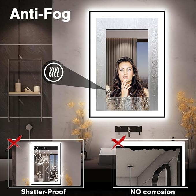 28x36 LED Bathroom Mirror for Wall -Black Aluminum Framed (Front and Backlit), Anti-Fog Vanity Mirror with Lights,Stepless Dimmable Lighted Mirror,3 Colors Smart Mirror(Horizontal/Vertical)