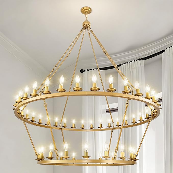 60" 2-Tier Wagon Wheel Chandelier, 54-Light Farmhouse Large Gold Chandelier Round Modern Rustic Industrial Adjustable Height for High Ceiling Living Room, Entryways, Foyer, Dining Room