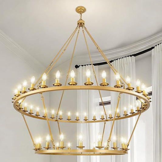 60" 2-Tier Wagon Wheel Chandelier, 54-Light Farmhouse Large Gold Chandelier Round Modern Rustic Industrial Adjustable Height for High Ceiling Living Room, Entryways, Foyer, Dining Room