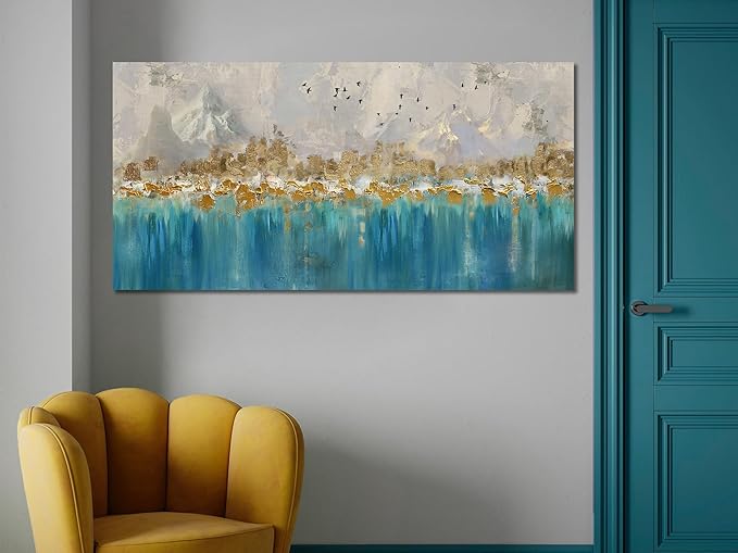 Arjun Abstract Canvas Wall Art for Mens Room, Gold Mountain Hand Painted Textured Large Bedroom Painting Artwork Framed Home Office Wall Decor, 48"x24"