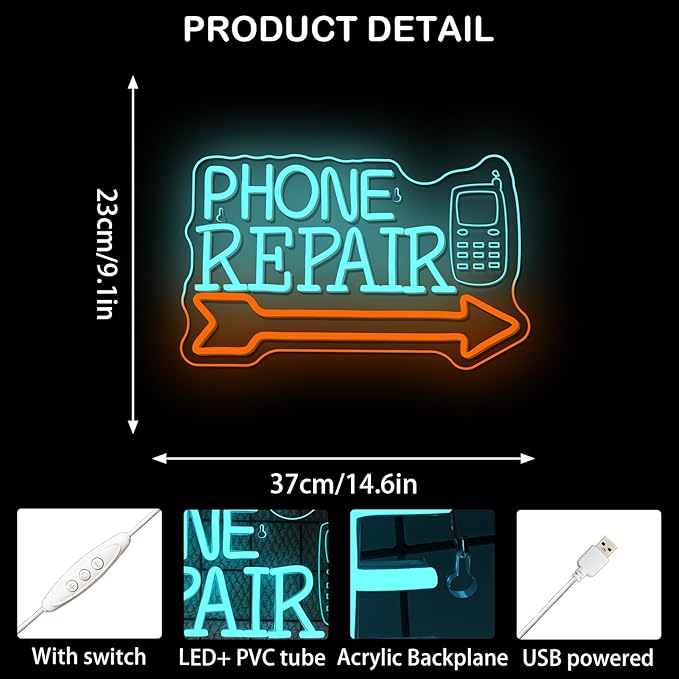 Looklight Phone Repair Neon Sign Arrow Neon Lights for Wall Decor Blue Orange Led Lights for Mobile Phone Repair Shop Business Cellphone Repair Shop Decorations