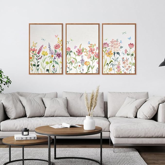 CHDITB Framed Canvas Wall Art Set, Nature Butterfly Flower Wall Decor, Floral Poster,Botanical Artwork Wildflower Painting, Abstract Green and Pink Art Prints for Young Lady Girl Room 16"x24"x3
