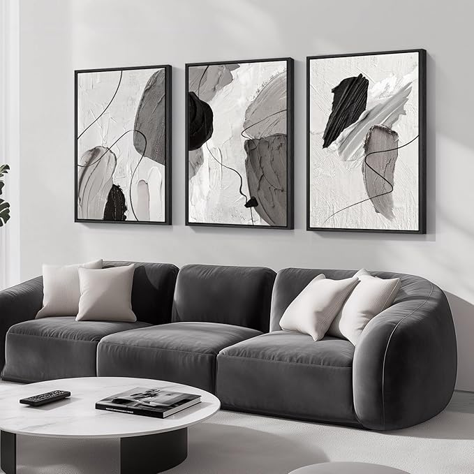 Large Framed Modern Abstract Wall Art for Living Room, 3 Piece Black White Gray Canvas Prints Paintings Artwork for Walls, Minimalist Abstract Pictures for Hallway, Stair, Office Wall Decor 24x36 In