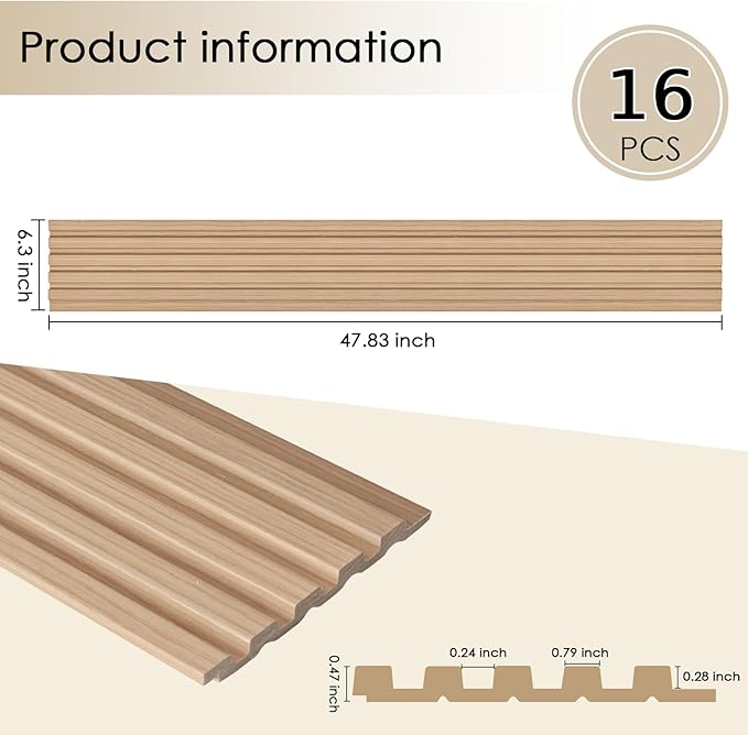 16-Pack 3D Soundproof Slat Wall Panels, Modern Faux Wood Wall Cladding for Living Room, Bedroom, Office, Interior Décor, Oak Finish, 48.2" x 6.3"