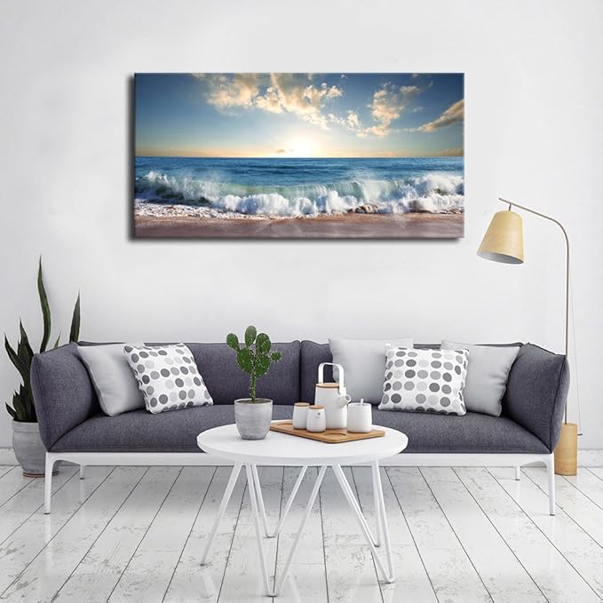 Ocean Wave Canvas Wall Art Beach Sunset Pictures Coastal Nature Artwork Blue Sea Painting Prints for Living Room Bedroom Home Office Decoration 20" x 40"