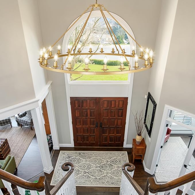 53in Gold Wagon Wheel Chandelier, 24-Light Brass Modern Rustic Large Farmhouse Chandelier Adjustable Height Light for High Ceiling Living Room, Entryways, Foyer, Dining Room