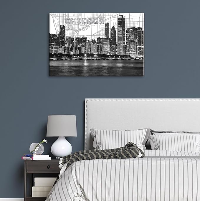 Chicago Skyline Wall Art Framed Canvas Print - Modern Black & White Panorama Cityscape Poster for Home Office Decor Ready-to-Hang Living Room Artwork 24"x36"