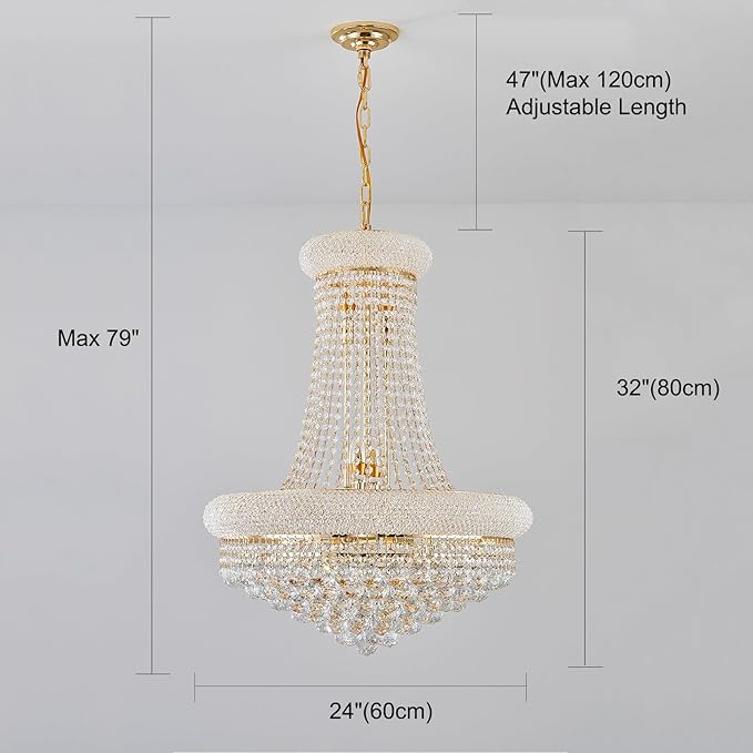 14 Lights Gold Finish Empire Crystal Chandelier Lighting for Dining Room Living Room Foyer Hallway Entryway (Dia 24'')