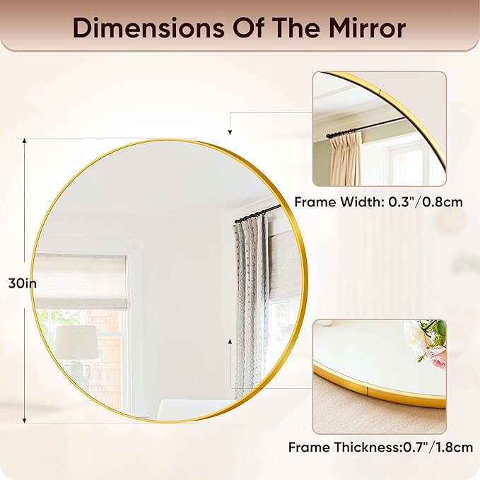 Antok Wall Mirror, 30"x30" Bathroom Vanity Mirror, Anti-Rust HD Tempered Glass, Wall Mounted Mirrors for Living Room, Entryway, Gold Frame, Round