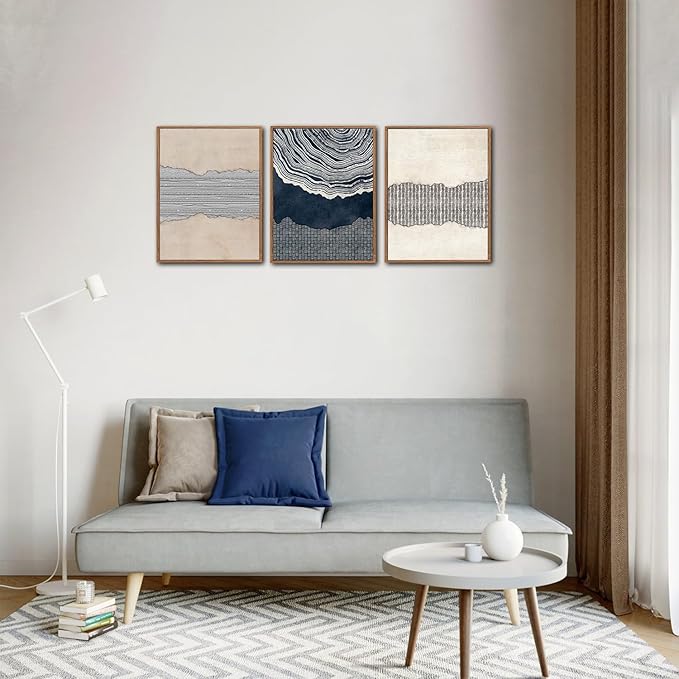 LHIUEM Coastal Chic Decor Blue Abstract Shapes Framed Canvas Wall Art Set of 3(12”X16”)Modern Tree Rings Wall Decoration Fireplace Grey Blue Decor Navy Blue Beige Brown Canvas Wall Art for Home Office