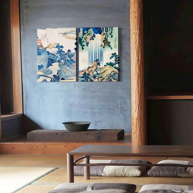 2Pcs Framed Landscape waterfall Japanese Ukiyo-e Wall Art Decor Canvas Print Picture Traditional Woodblock Print Style Poster Gallery Bedroom Living Room Office 12x16 Inch Ready to Hang