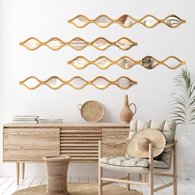 Qunclay Teardrop Mirror Wall Art Decorative Mirror Wall Decor Long Narrow Hanging Art for Apartment Living Room Bathroom Bedroom Entryway(Gold,4 Pcs)