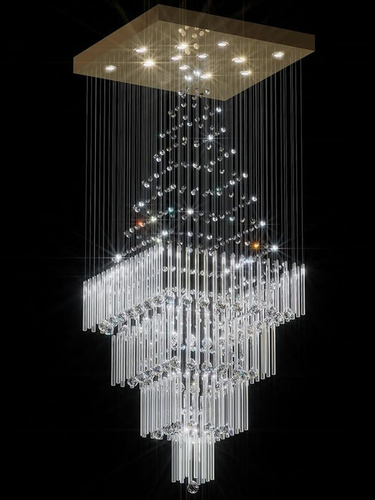 Flashing God D32''X H100'' Extra Large Chandeliers for High Ceilings Square Crystal Raindrop Gold Chandeliers Large Villa Chandelier Entrance Foyer Ceiling Light LED Dimmable 2700K-6000K