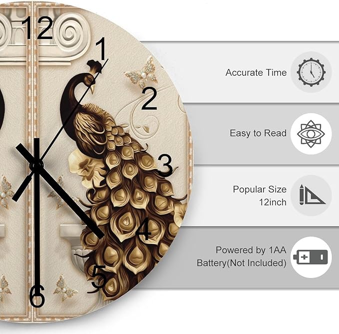 Classic and Retro Peacock Round Wall Clock, Asian Luxurious Art Peacock Feather Watercolor Peacock Feather Animal Retro Grey Modern Room Wooden Silent Wall Clock 12x12INCH