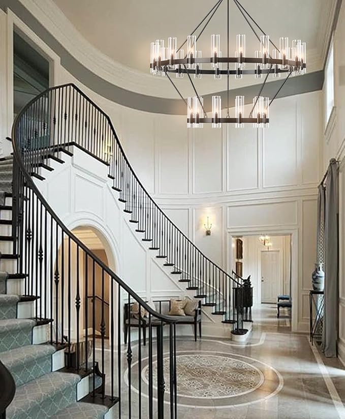 Large Black Chandelier, 30 Light Wagon Wheel Chandelier with Glass Shade,60 Inch Round Industrial High Ceilings Pendant Lighting Fixture for Dining Living Room, Kitchen Island, Foyer