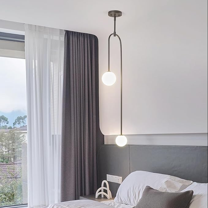 Modern Milk Glass Pendant Light 2 Light Mid Century Chandelier Small Glass Globe Black Pendant Lights for Kitchen Island Bedroom Dining (Metal Tube Removable, 2 Pack)