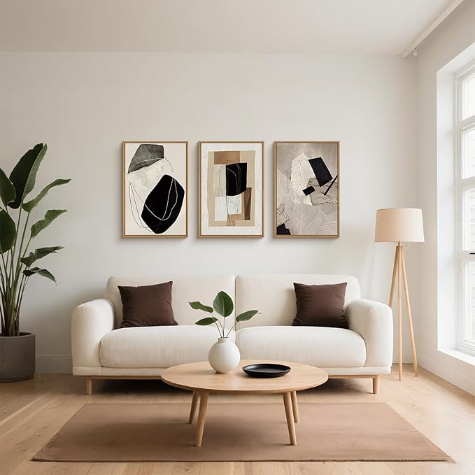 Abstract Modern Geometric Framed Canvas Wall Art Set,Neutral Tone Beige Black Brown Wall Decor,Minimalist Textured Line Shape Artwork for Living Room, Bedroom,Farmhouse-16 x24 x3