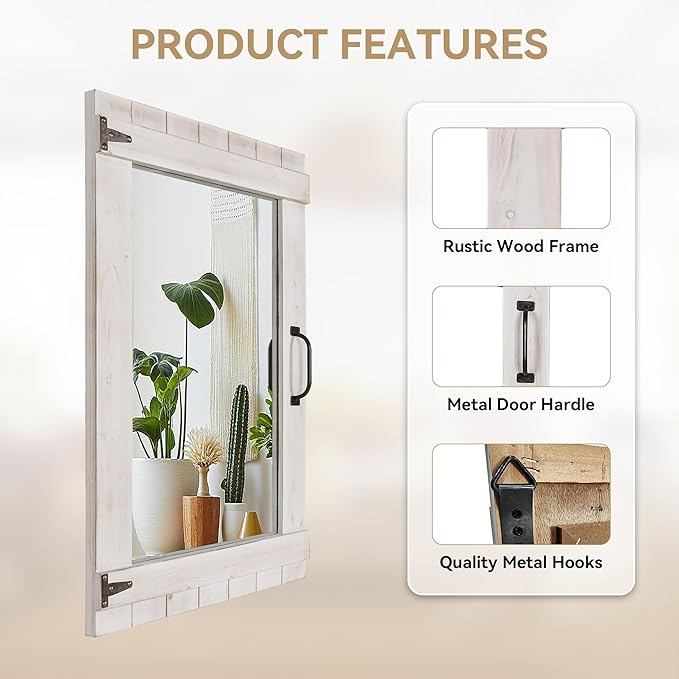 Oakrain Farmhouse Mirror, 24x32 Inch Distressed White Wood Frame with Black Metal Hinges, Rustic Wall Mirror for Bathroom, Living Room, Entryway, Bedroom