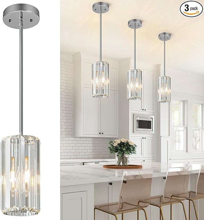 Chrome Pendant Lighting Modern Pendant Light Mini Crystal Chandeliers Adjustable Pendant Light Fixture for Kitchen Island Dinning Room Corridor Bedroom(Chorme 3-Pack)
