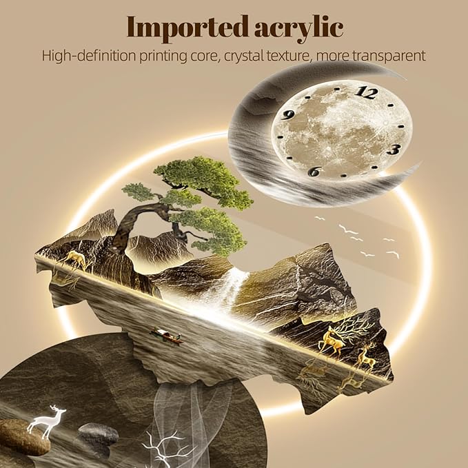 LED Light Art Wall Decor, 3D Art Wall Decor Clock, Decor Wall Sculptures with Lights, Modern Home Decor Landscape Wall Sculpture, Plug-in Power Supply, Gold A, 23x47IN