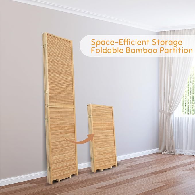 Bamboo Room Divider Folding Privacy Screens, Wall Divider for Room Separation, Portable Room Partitions and Dividers, 5.6FT Bamboo Mesh Woven Room Divider Panel (Brown, 4 Panel)