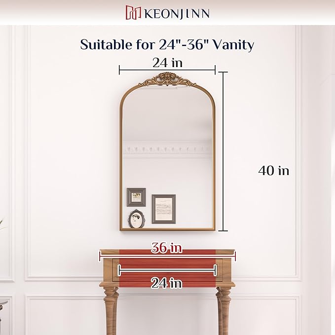 Keonjinn Vintage Gold Mirror 24" x 40", Large Mirror Decorative for Wall, Antique Bathroom Mirrors, Ornate Brass Mantle Mirrors, Baroque Decor for Entryway, Hallway, Living Room, French Cleat Mounting
