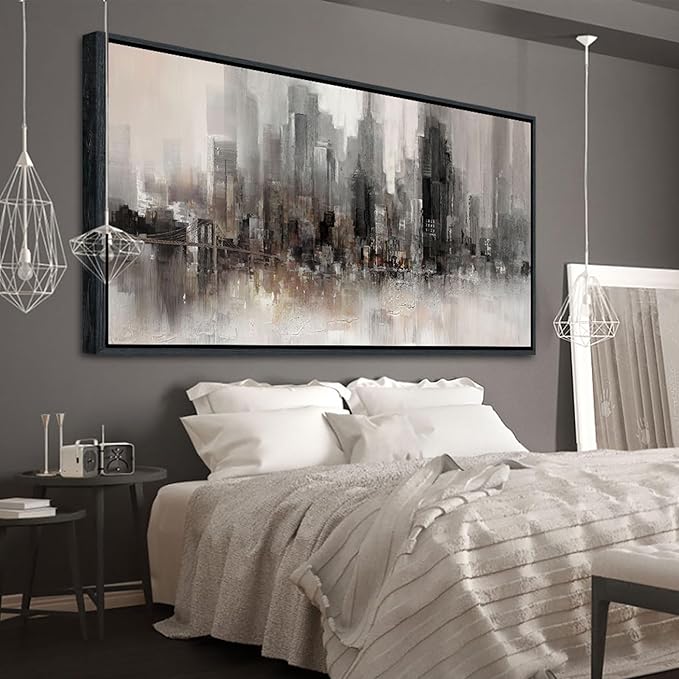 Nyc Skyline Painting Wall Art Grey Buildings Picture for Living Room Modern Home Bedroom Decoration Black and White and Brown Framed Artwork Decor