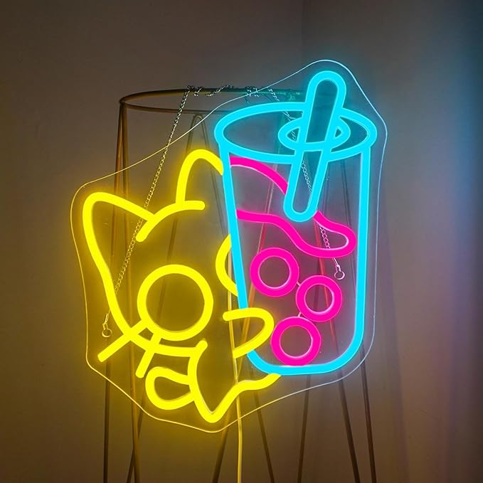 Looklight Cat Boba Tea Neon Sign Yellow Cute Kitty Bubble Tea Neon Signs for Wall Decor LED Neon Light Bar Sign Light Up Signs for Dimsum Store Bar Milk Tea Shop