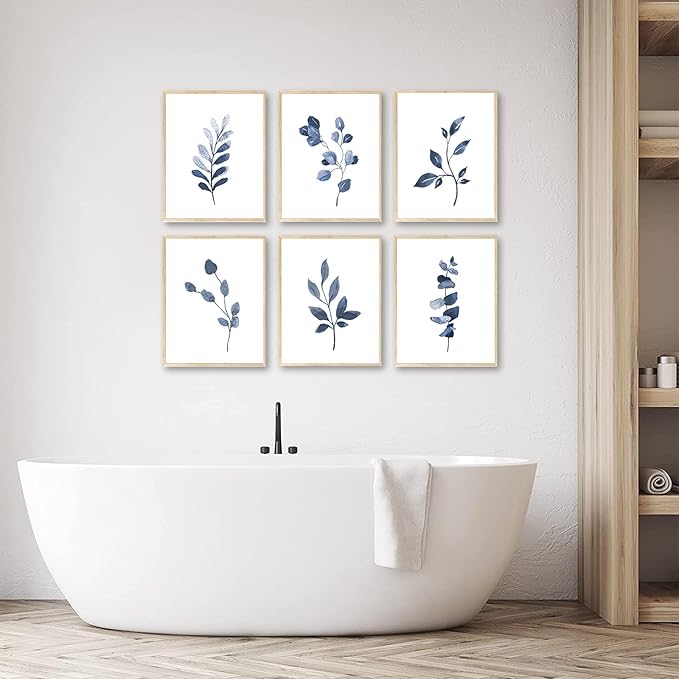 Navy Blue Botanical Wall Art Set of 6 Unframed, Minimalist Abstract Botanical Prints Watercolor Blue White Leaf Plant Wall Decor Canvas Painting, Boho Floral Botanical Wall Decor for Bathroom, Living Room