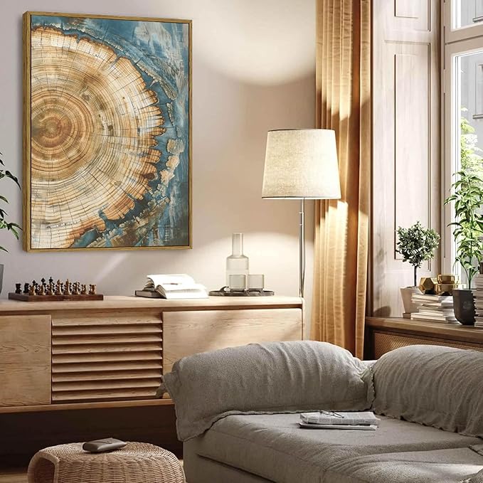 BingruiArt Large Framed Tree Ring Wall Art Wood Canvas Green Boho Wall Decor Rustic Artwork Abstract Painting Farmhouse Picture Nature Print for Living Room Bedroom Bathroom 24"x36" Natural Framed(08)