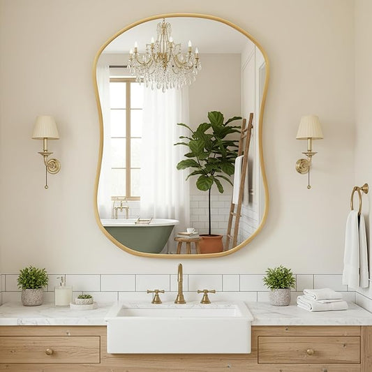 Asymmetrical Wall Mirror 24 * 32 Gold Irregular Abstract Shatter-Proof Aluminum Alloy Decorative Wavy Framed Makeuop Mirrors for Bathroom, Bedroom, Cloakroom, Entryway