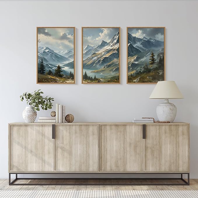 Ausril Nature Mountain Ridge Framed Canvas Wall Art Set, Woodland Landscape Wall Decor, Cloud Misty Forest Wall Painting, Boho Pine Tree River Art Print for Living Room, Bedroom, Office - 16"X24"X3