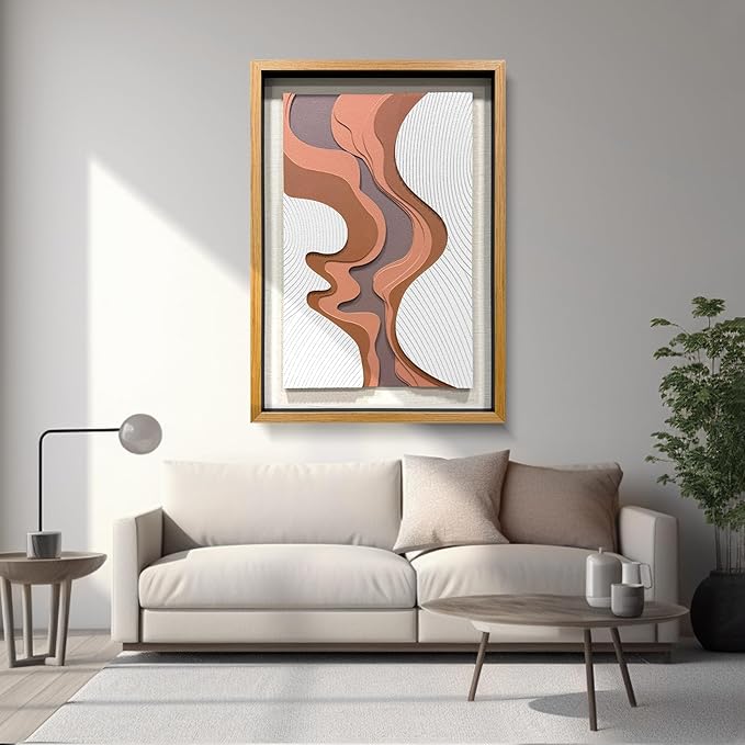 BrightA 5-Layer Wood ReliefWooden Wall Art Fluid Curves in Warm Brown & Ash Grey with Linear Grain Background, Framed in Solid Wood & Tempered Glass for Contemporary Walls 27.5"x39.4"