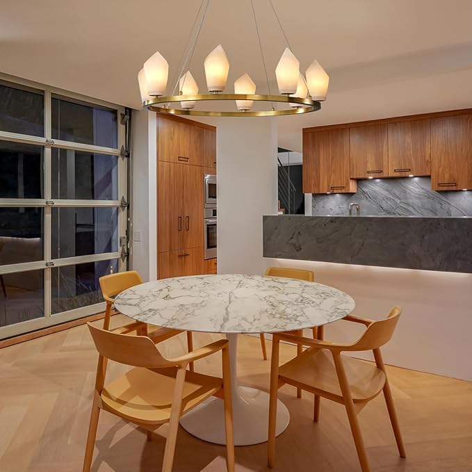 Alabaster Chandelier, 31.5" 8-Light Large Round Chandeliers for Living Room with Bulb, Wagon Wheel Chandelier for Entryway, Farmhouse Chandeliers for Bedroom, Gold Foyer Lighting Fixtures