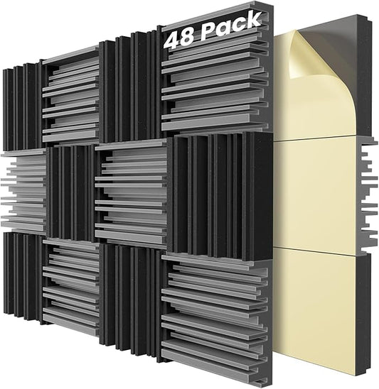 48 Pack Sound Proof Foam Panels for Walls,12" X 12" X 0.4" Self-Adhesive Acoustic Foam,High Resilience Soundproof Wall Panels,Sound Absorbing Panel Suitable for Home Studios, Offices - Black & Gray