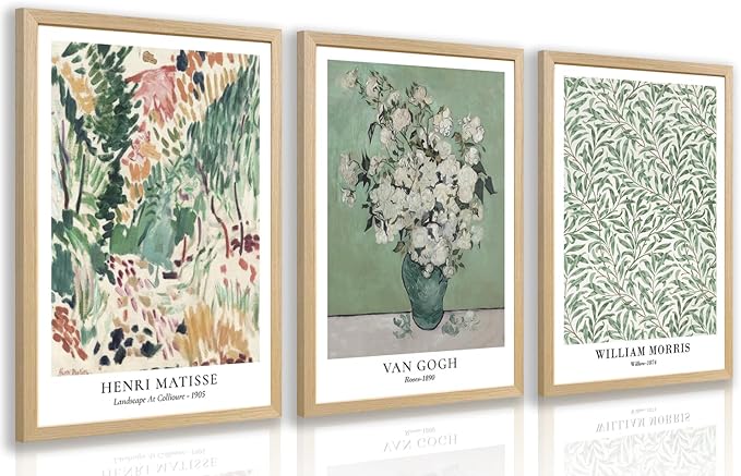 LLEEMPI Matisse William Morris Wall Art Set of 3, Sage Green Botanical Wall Decor, Abstract Van Gogh Flowers Canvas Prints, Vintage Florals Poster Print for Bedroom Bathroom Wood Framed 12x16 Inch